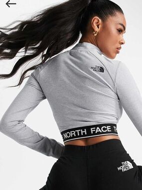 The North Face Gray Crop Mock Neck Longsleeve with Logo Tape
